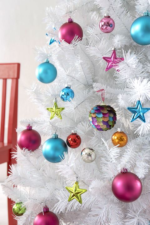 christmas tree decorations faux white christmas tree with multicoloured baubles and stars