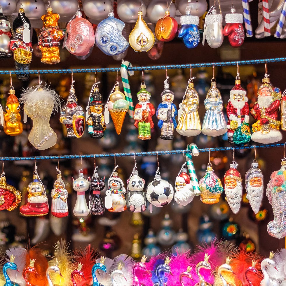 christmas tree ornaments on display at christmas market