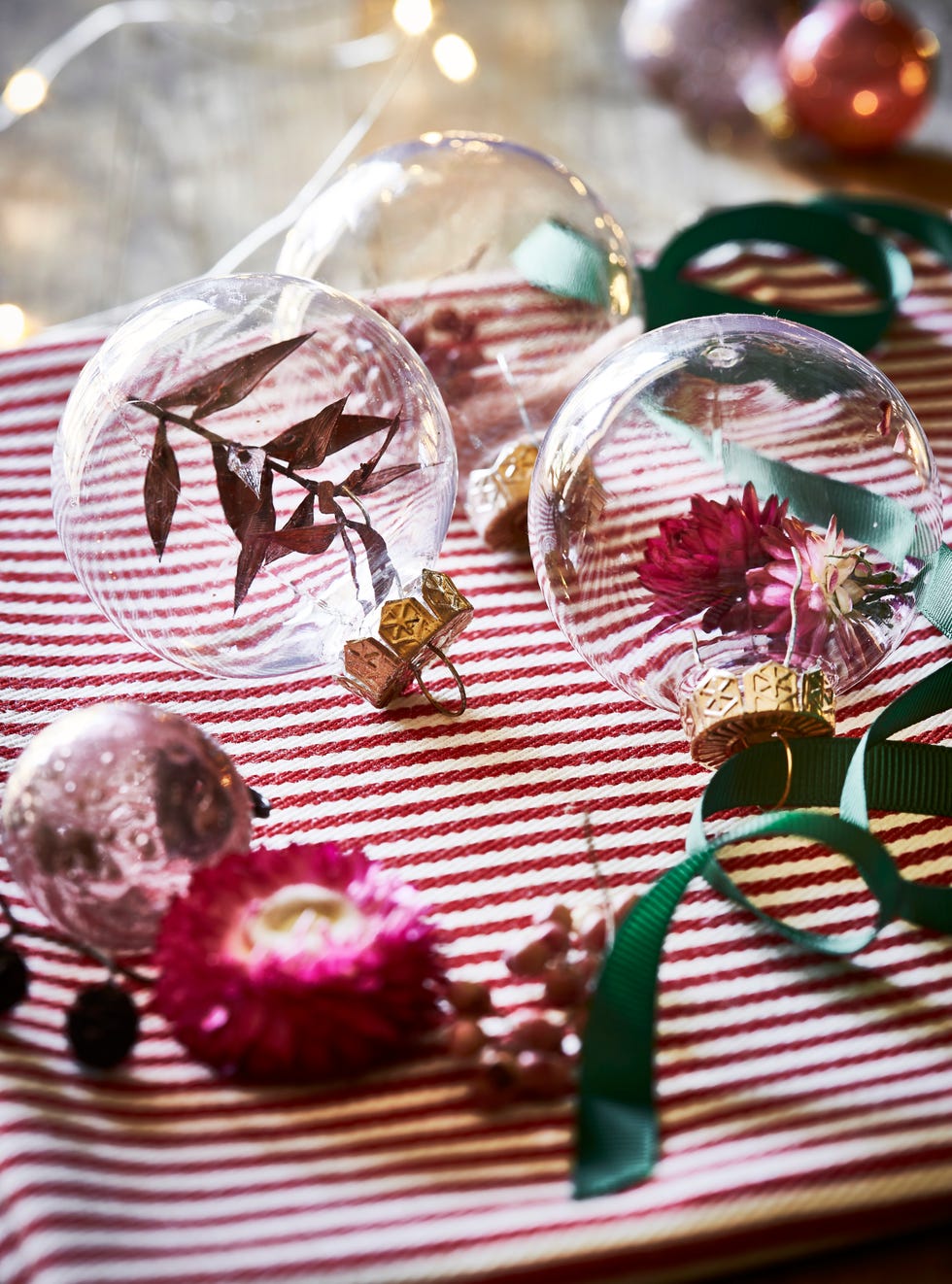 baubles on a striped table cloth