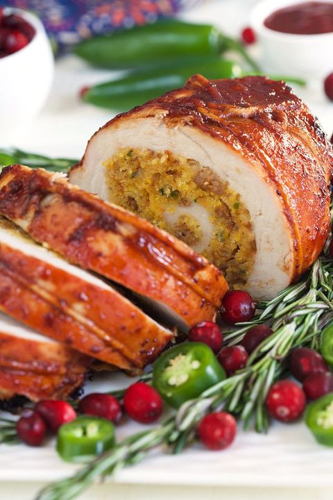 spicy cornbread and sausage stuffed turkey roulade with cranberries and jalapenos