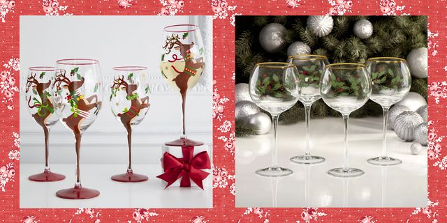Neiman Marcus Hand-Painted Santa Wine Glasses, Set of 4