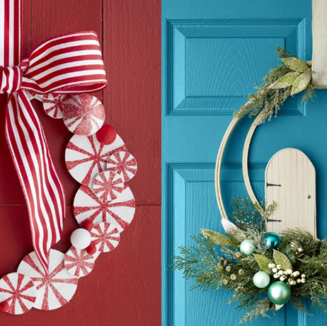 red and white striped peppermint wreath and wooden and pine wreath