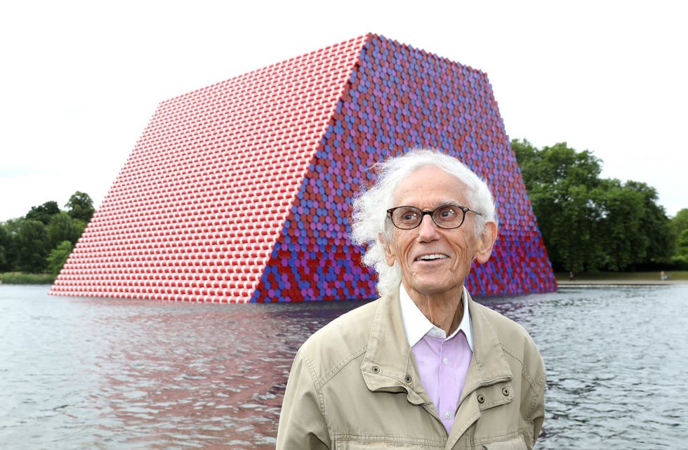 london, england   june 18  artist christo unveils his first uk outdoor work, a 20m high installation on serpentine lake, with accompanying exhibition at  at the serpentine gallery on june 18, 2018 in london, england  photo by tim p whitbytim p whitbygetty images for serpentine galleries