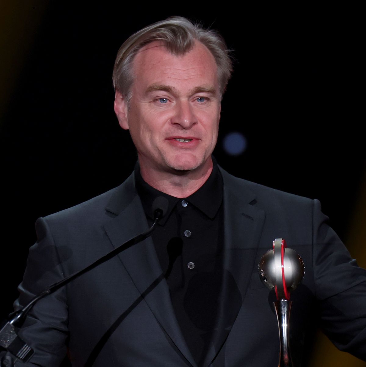 las vegas, nevada april 27 christopher nolan accepts the national association of theatre owners spirit of the industry award during the cinemacon big screen achievement awards at the colosseum at caesars palace during cinemacon, the official convention of the national association of theatre owners, on april 27, 2023 in las vegas, nevada photo by gabe ginsbergwireimage