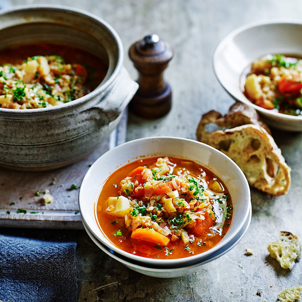 Chunky root vegetable and lentil soup with croutons recipe