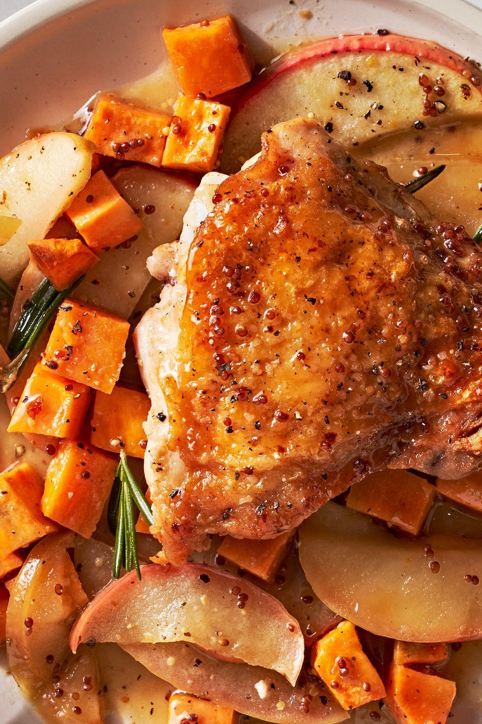 cider glazed chicken thighs with apples and sweet potatoes