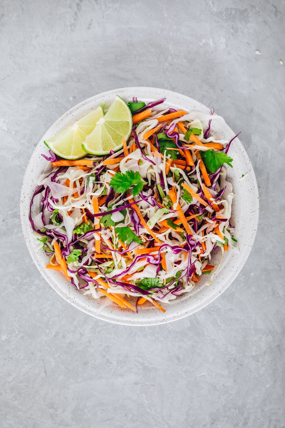 cilantro lime coleslaw salad with red and white cabbage on stone background
