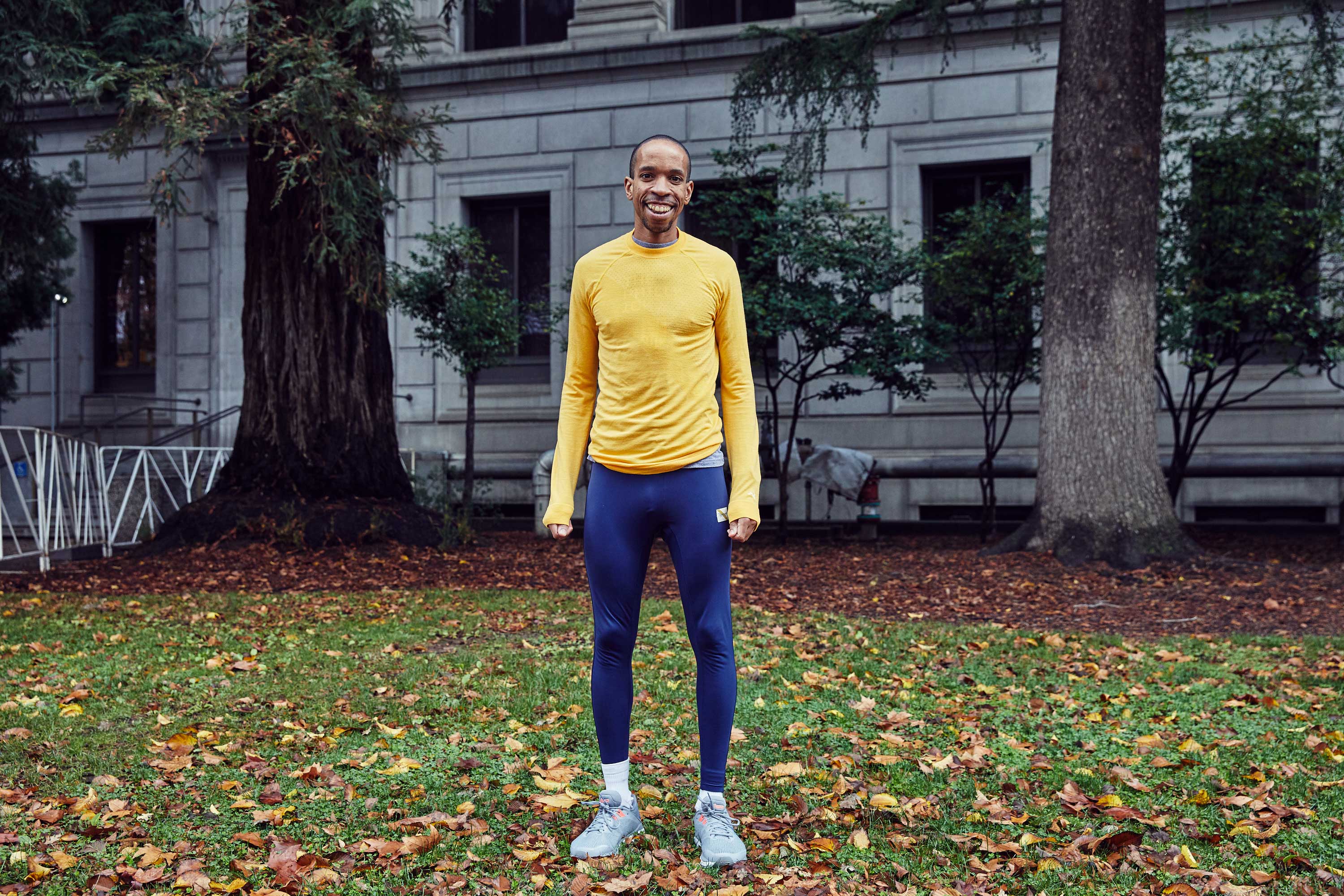 Yellow, Standing, Street fashion, Tree, Fashion, Grass, Leaf, Autumn, Jeans, Footwear, 