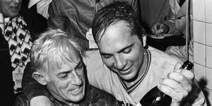 johnny bench and sparky anderson with champagne