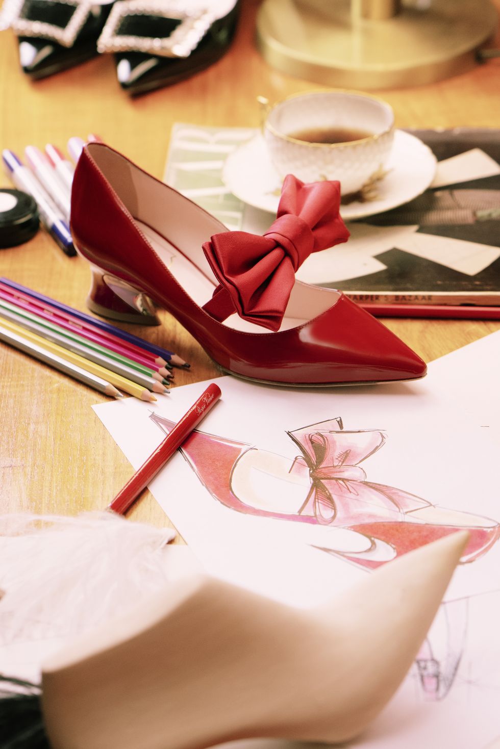 Pink, Footwear, Red, Shoe, Carmine, Ribbon, Sandal, High heels, Tableware, 