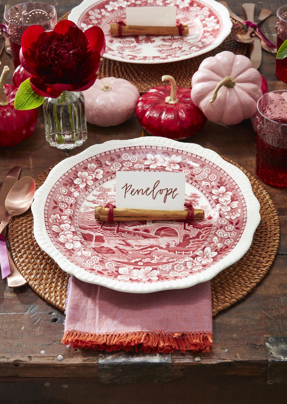 cinnamon stick place card on a red transferware plate