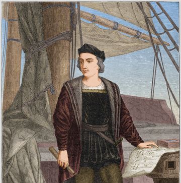 an illustration of a man wearing a hat and jacket standing on a ship