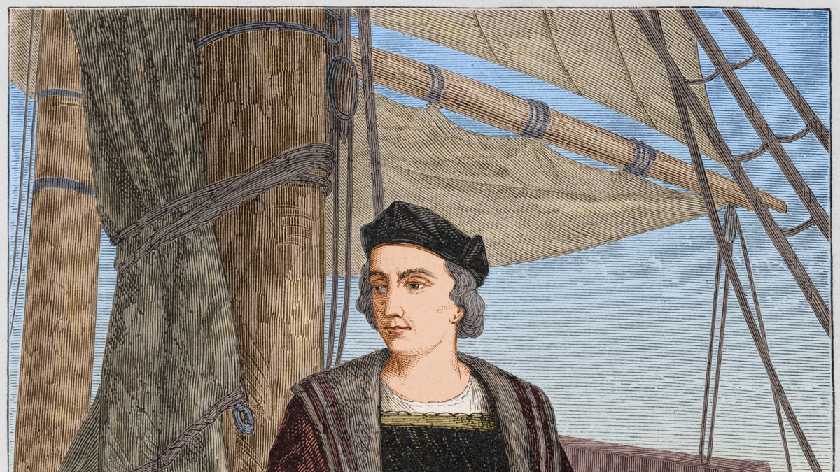 an illustration of a man wearing a hat and jacket standing on a ship