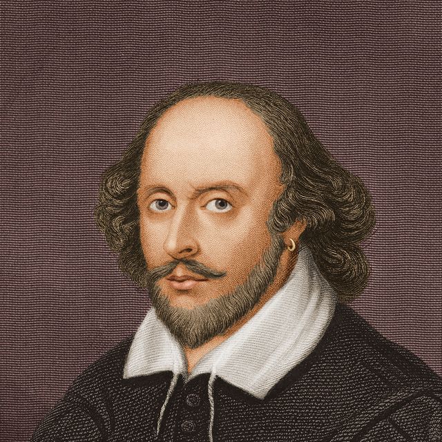 colored portrait of william shakespeare staring at the viewer, he wears a black jacket over a white collared shirt