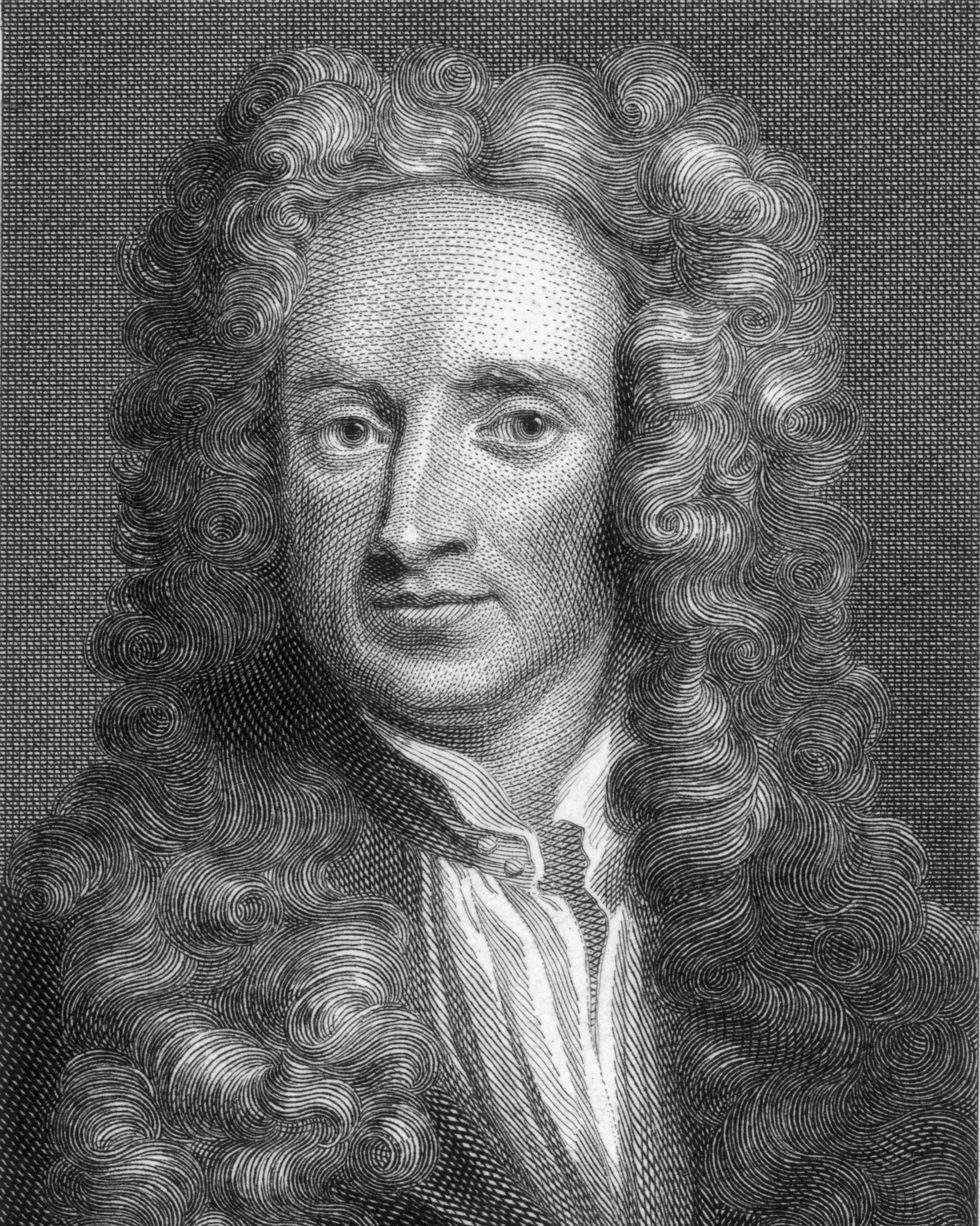 an engraved portrait of scientist sir isaac newton