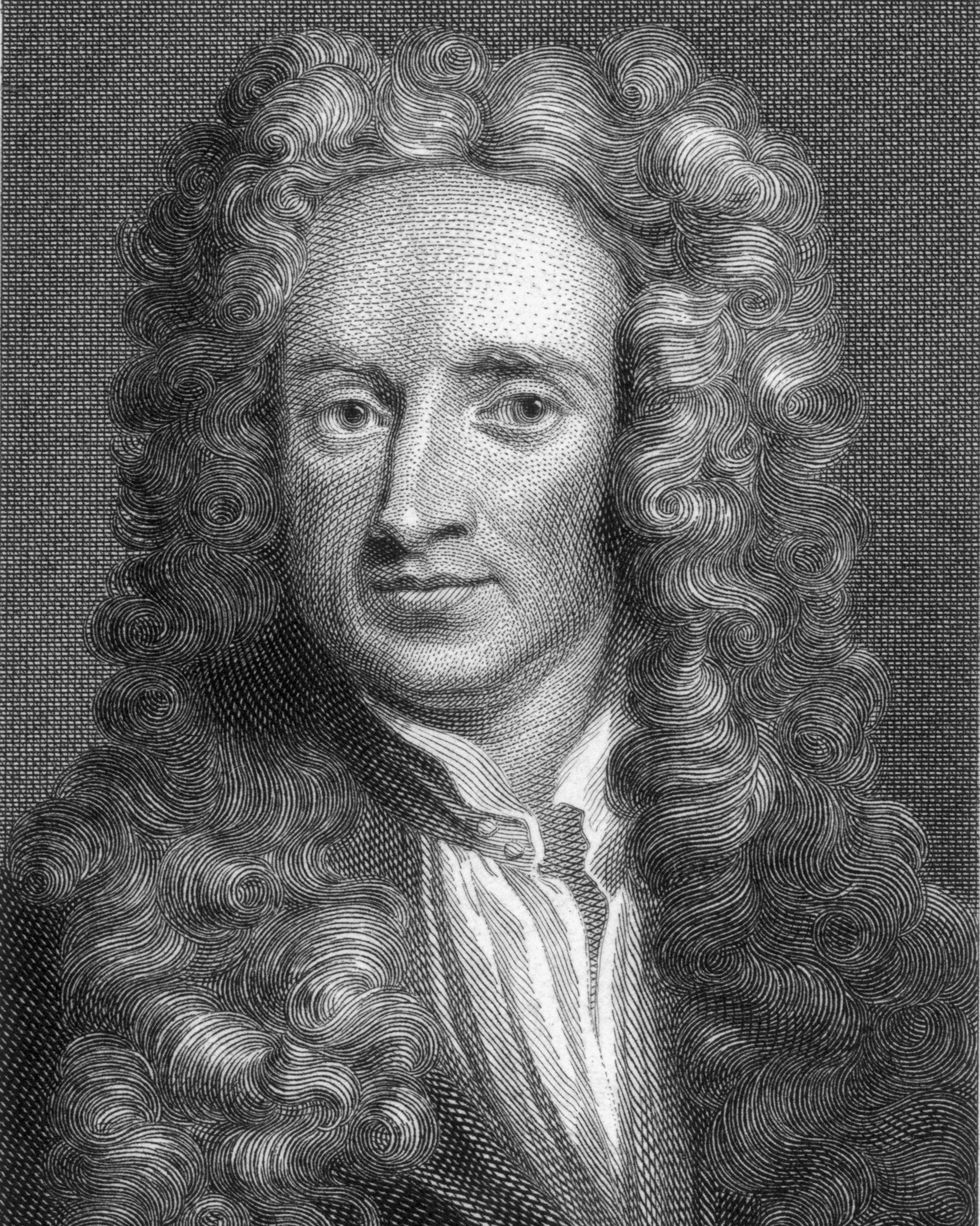 an engraved portrait of scientist sir isaac newton