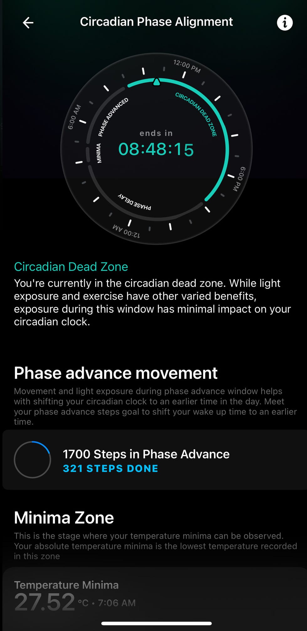 circadian phase alignment tracker showing current phase time left and step goal progress