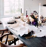 White, Room, Table, Furniture, Interior design, Dining room, Chair, Design, Flower, Home, 