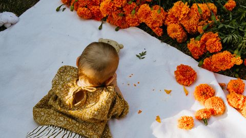 baby with marigolds on picnic blanket
