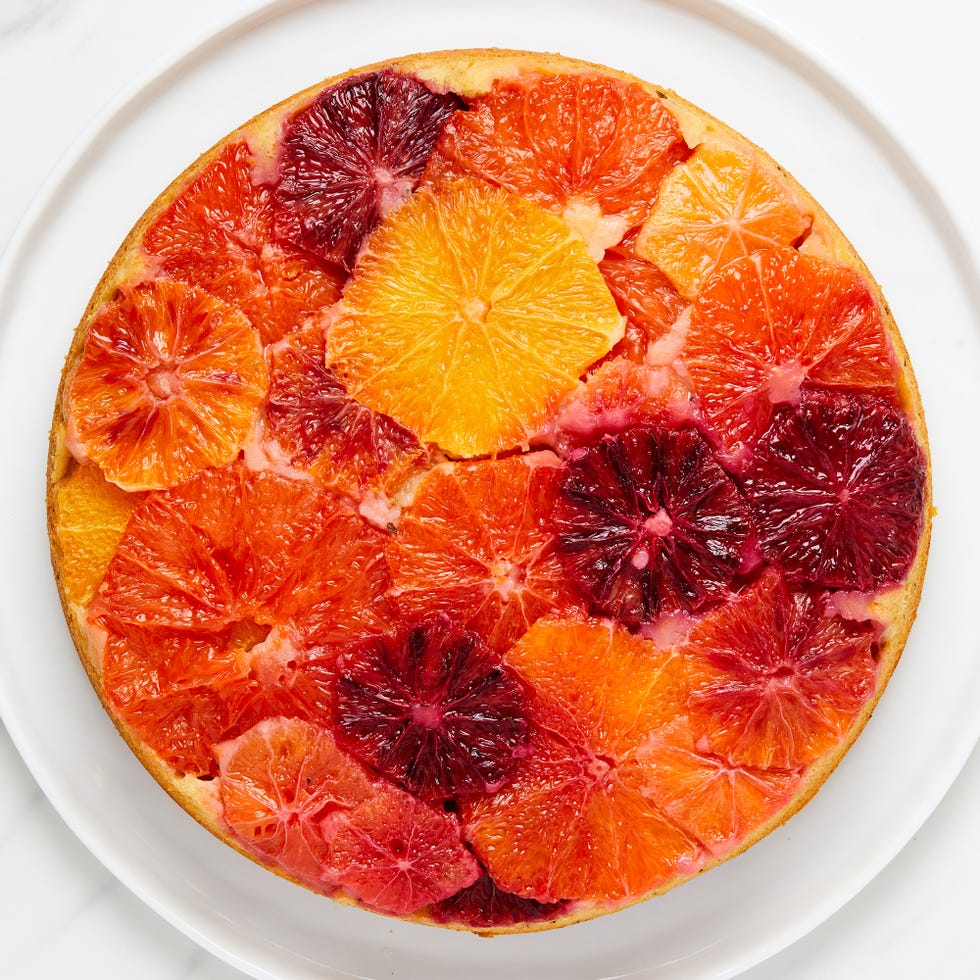 citrus upside down cake topped with thyme