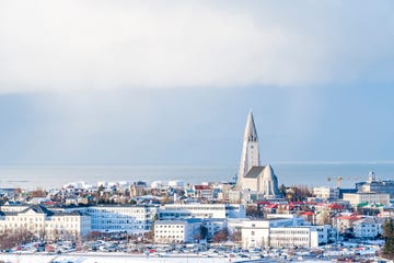 aerial view of reykjavik with the hallgrimskirkja church, iceland in winter