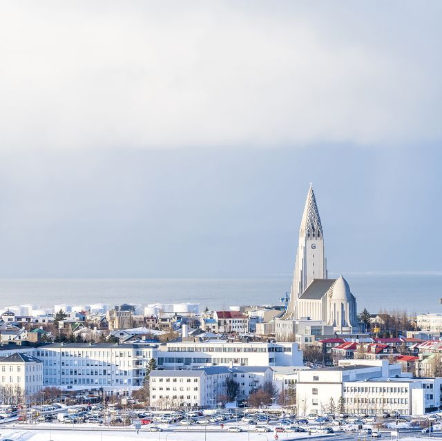 aerial view of reykjavik with the hallgrimskirkja church, iceland in winter