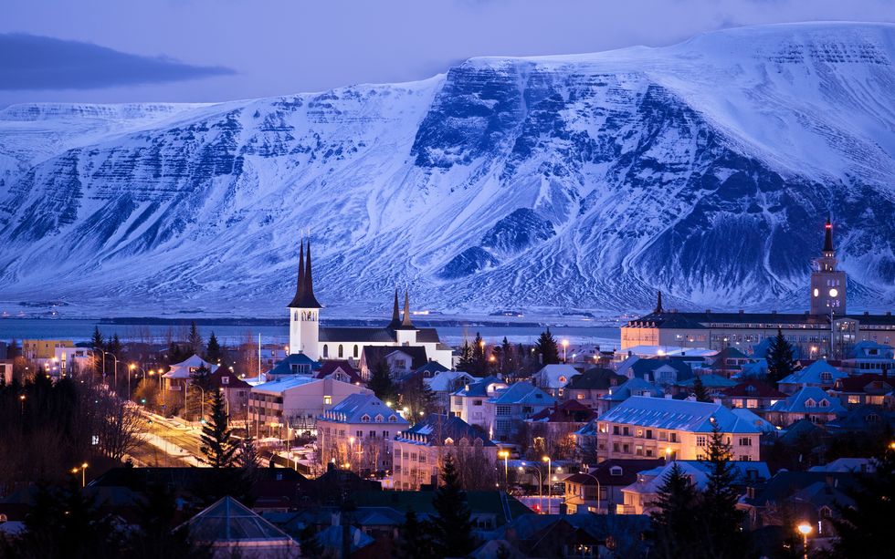 city skyline at dusk, reykjavik, iceland