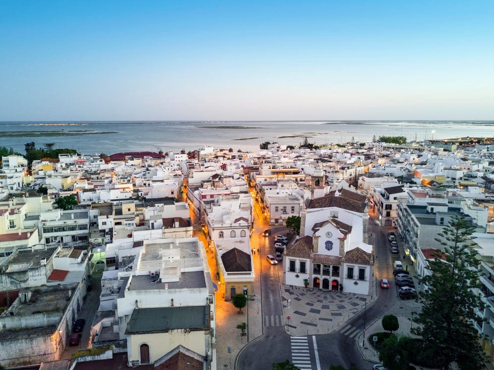city view at dusk, olhao da restauracao, algarve, portugal