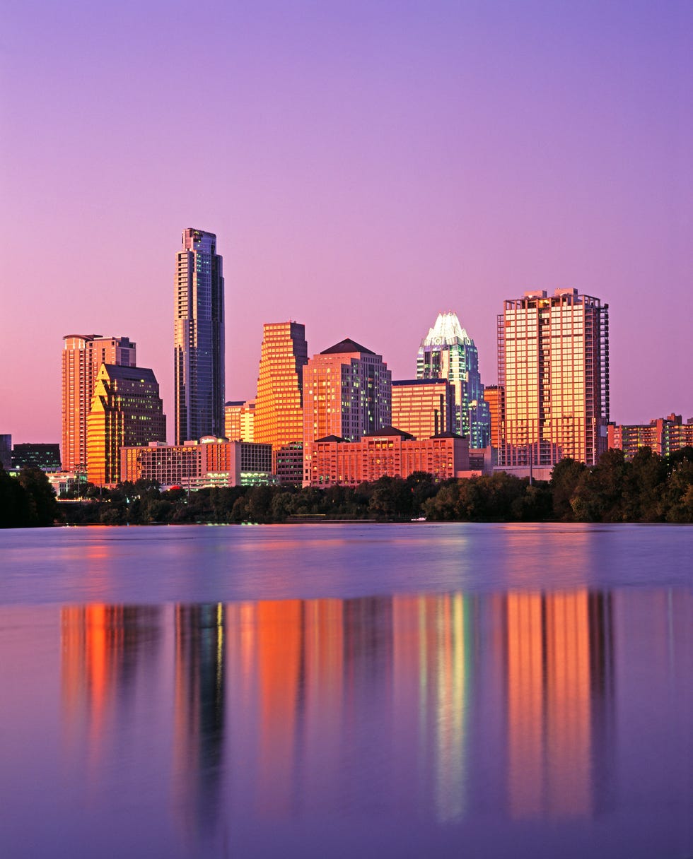 cityscape view of a city at dusk