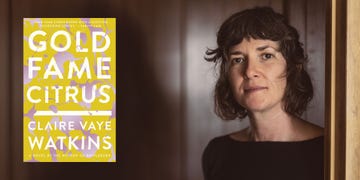 book cover of gold fame citrus by claire vaye watkins alongside a person standing at a door