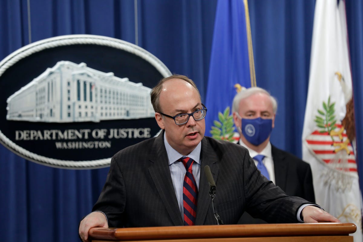 washington, dc   october 21 acting assistant us attorney general jeffrey clark speaks next to deputy us attorney general jeffrey rosen at a news conference, where they announced that purdue pharma lp has agreed to plead guilty to criminal charges over the handling of its addictive prescription opioid oxycontin at the justice department on october 21, 2020 in washington, dc photo by yuri gripas poolgetty images