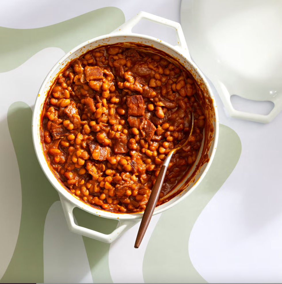 classic baked beans in a white pot