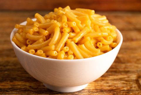 classic boxed mac and cheese in a white bowl
