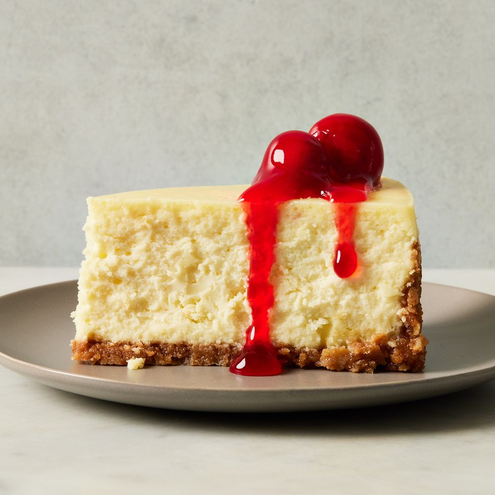 classic cheesecake topped with cherry pie filling