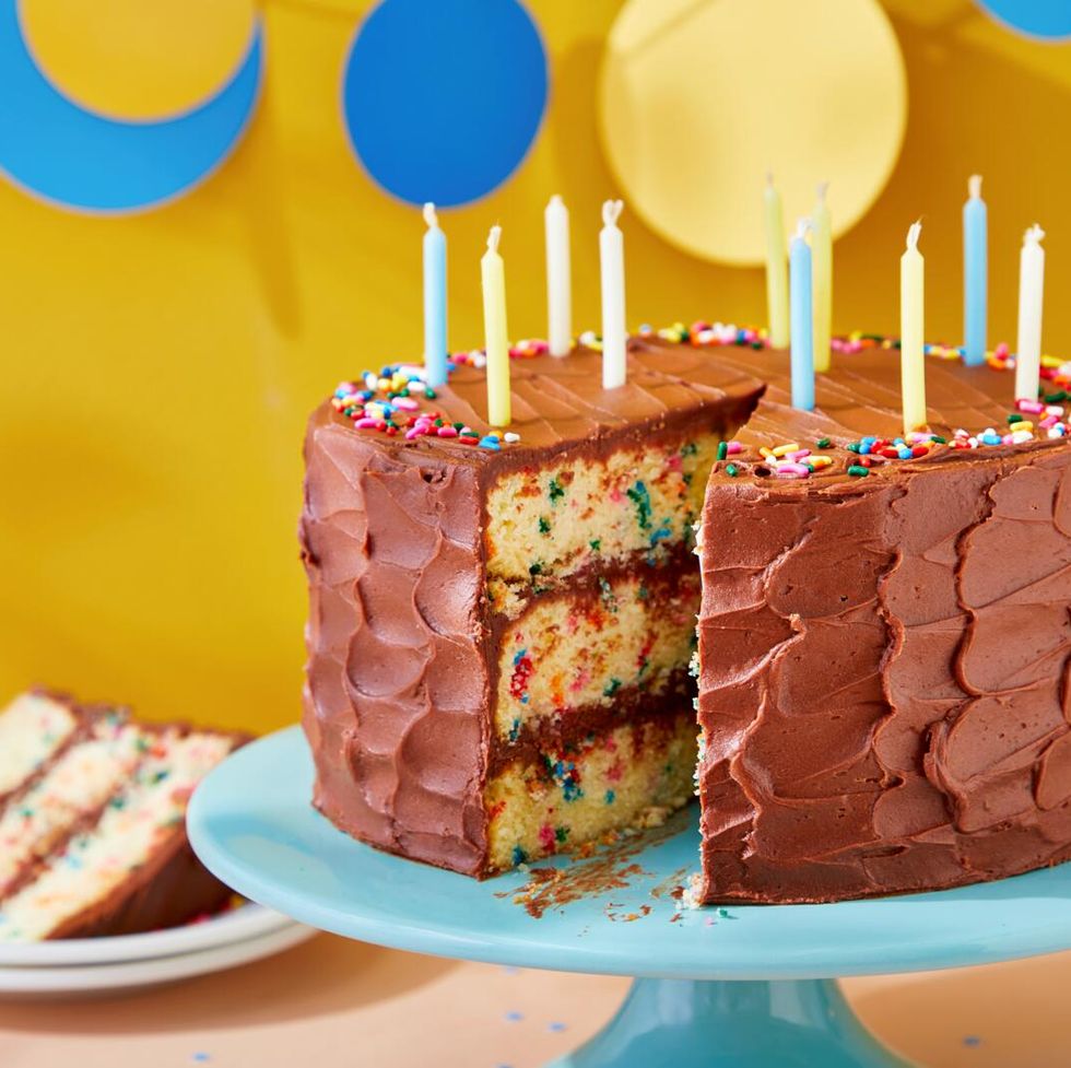 classic confetti birthday cake with chocolate buttercream