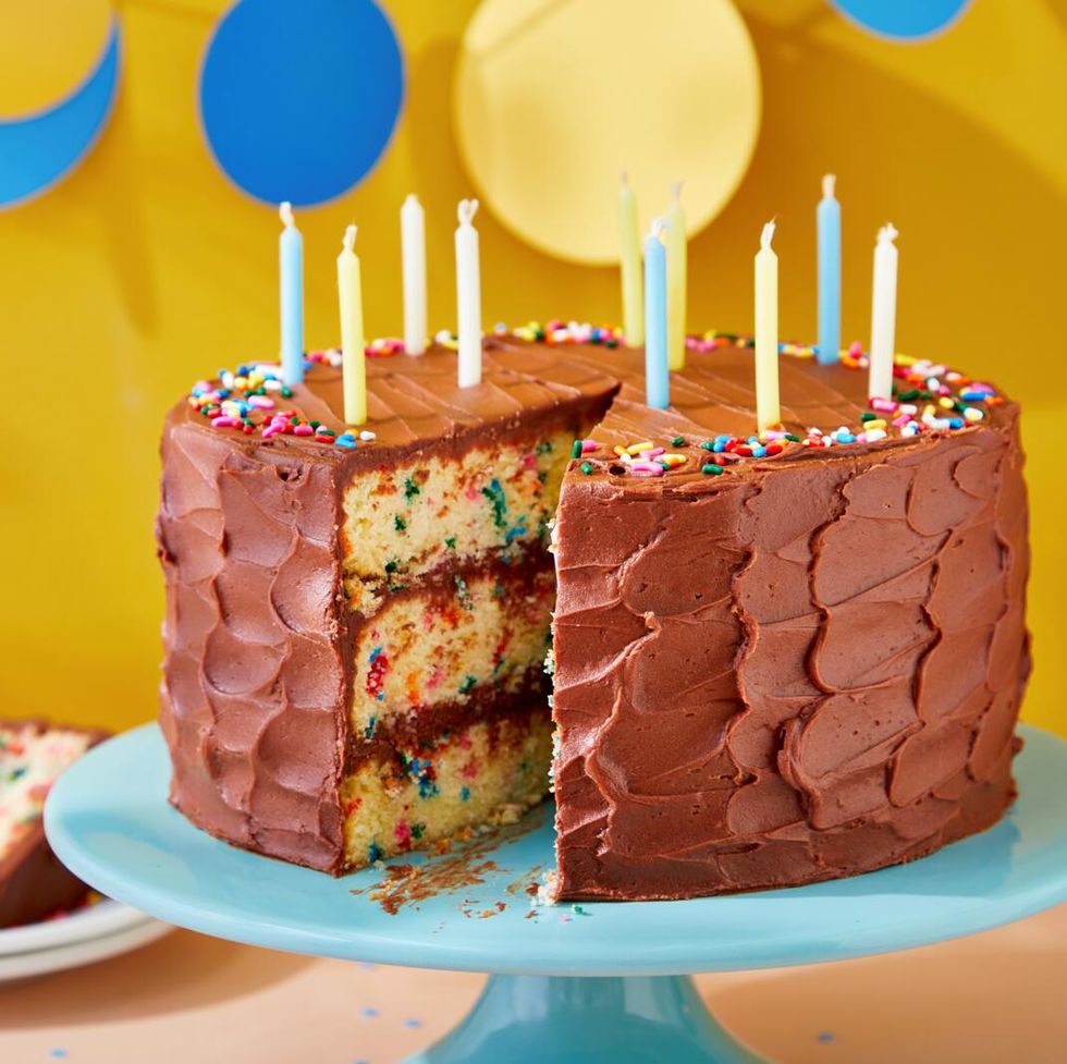 classic confetti birthday cake with chocolate buttercream