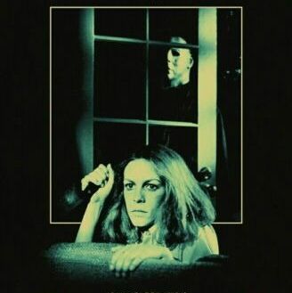 a poster for the classic horror movie halloween, which features laurie strode holding a knife while michael myers looks at her from outside a window