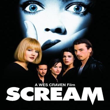 the poster for the classic horror movie scream, featuring the faces of the young cast
