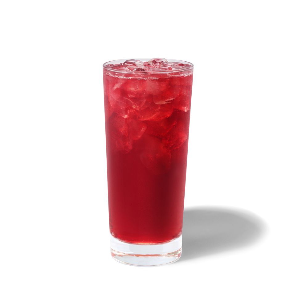 shot of classic iced hibiscus tea, pictured in a glass with ice