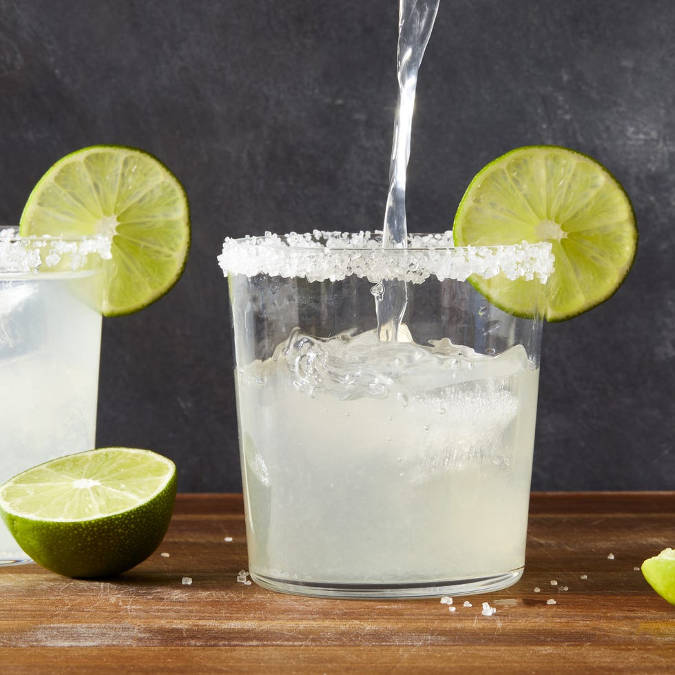 classic margaritas with a salt rim and lime garnish