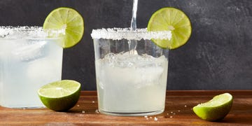 classic margaritas with a salt rim and lime garnish