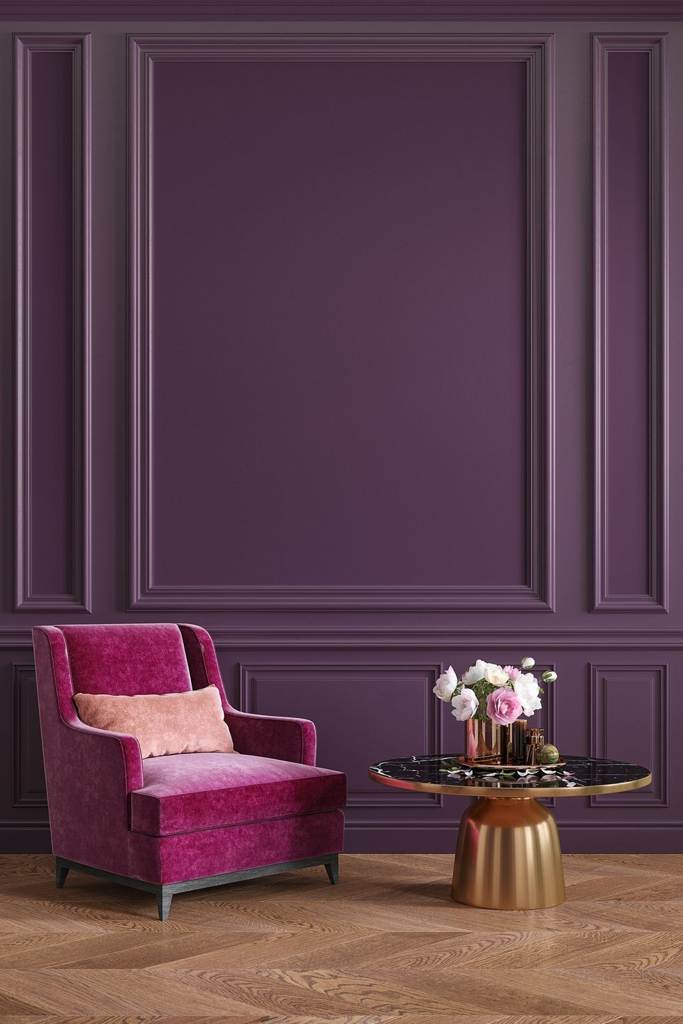 classic purple, ultraviolet, colorful, interior with armchair, coffee table, flowers and wall moldings.