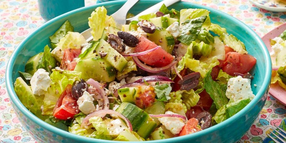 greek salad in turquoise bowl