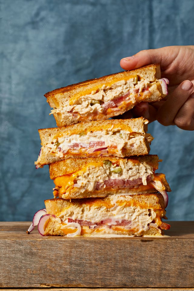 classic tuna melt on blue background