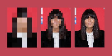 headshots of individuals with blurred faces set against a red background