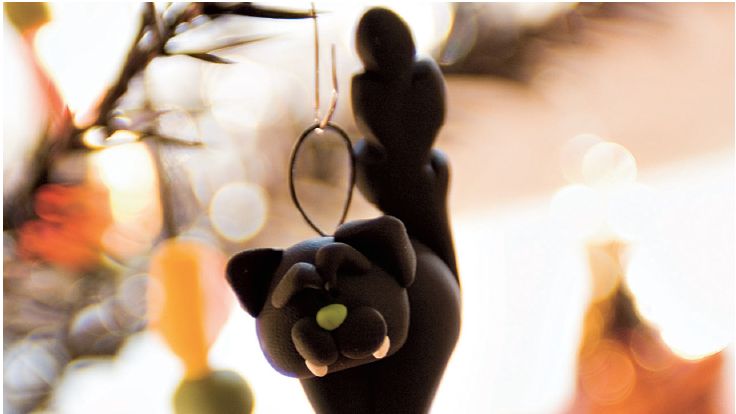 Christmas Ornament Polymer Clay Figure Black Cat 