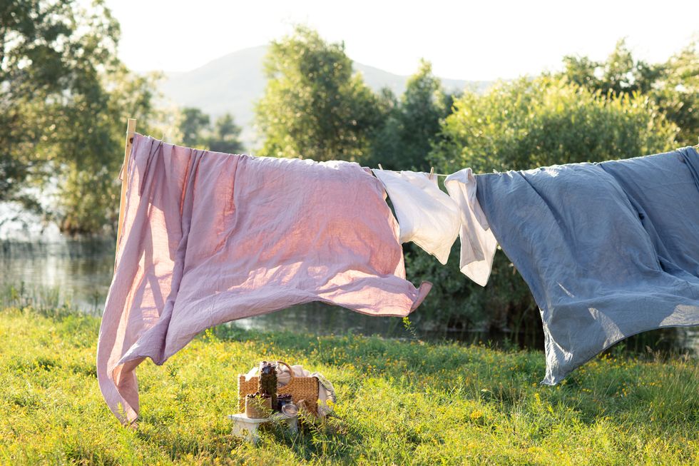 clean bed sheet hanging on clothesline