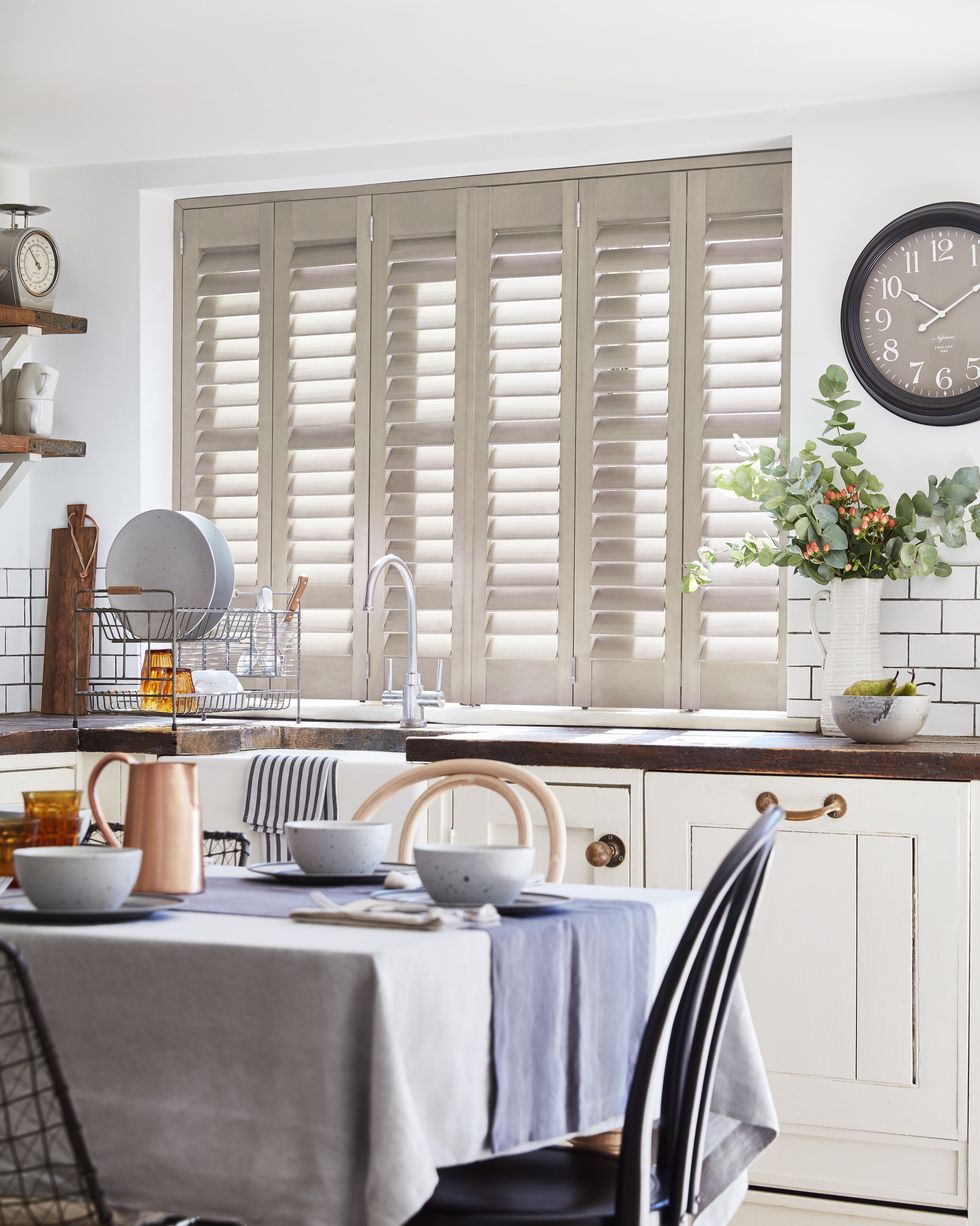 country chic kitchen with full height shutters in truffle, from the house beautiful collection at﻿ hillarys