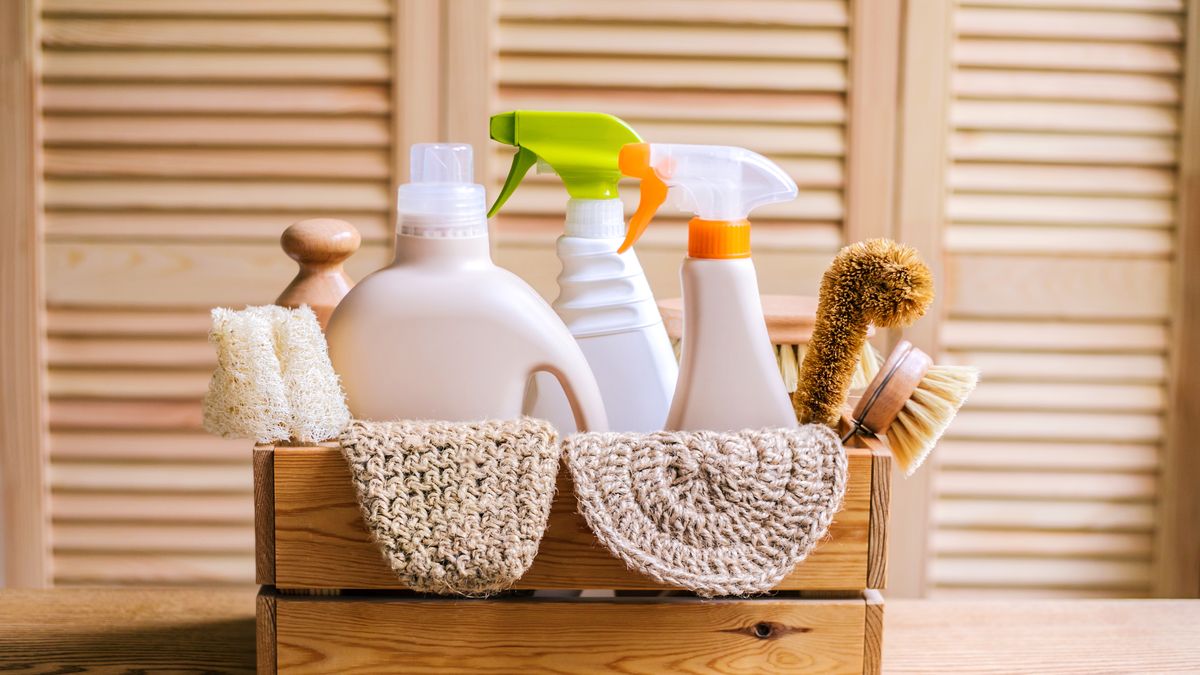 Premium Photo  Basket with bottle of detergent and cleaners for cleaning  home or office cleaning supplies
