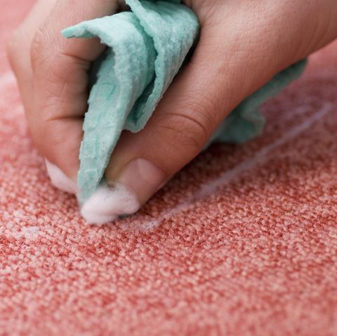 a closeup of a hand using a blue soapy cloth to clean pink carpet